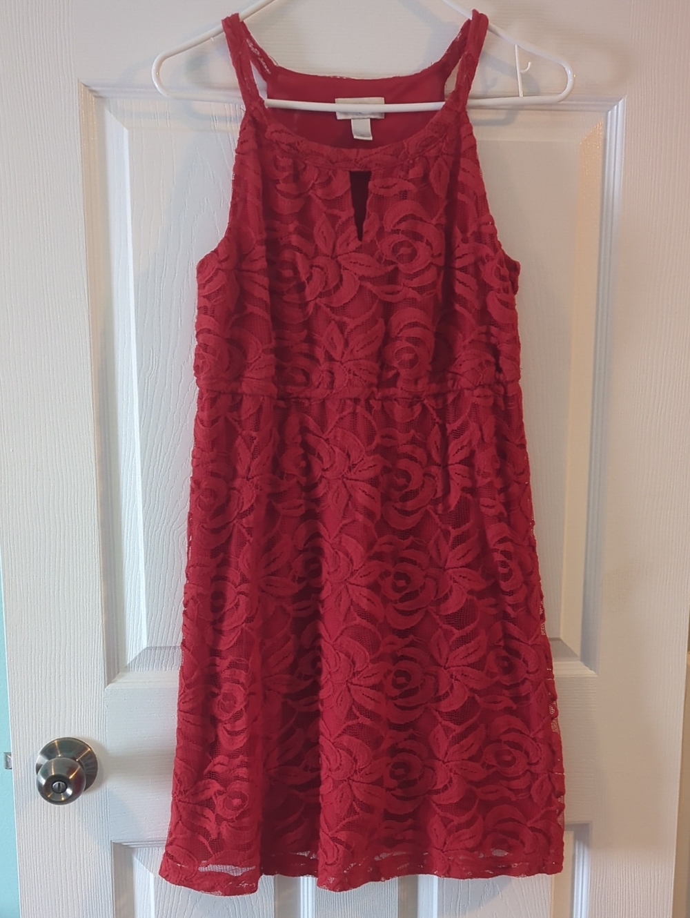 LOFT Red Lace Fit-and-Flare Dress